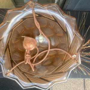 Art Deco ceiling light, pink pressed glass with stylised geometric floral motif, ca 1930