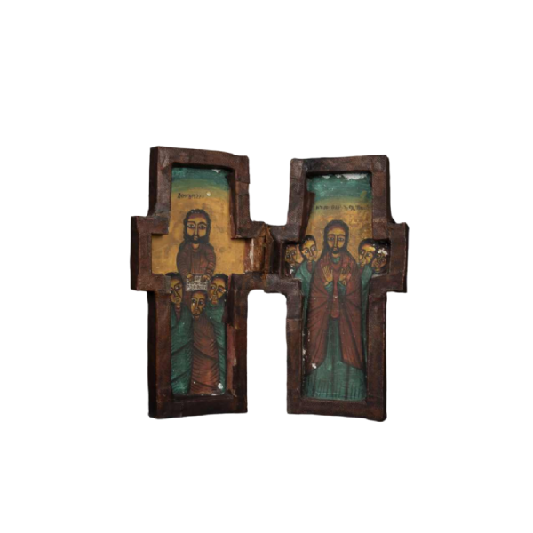 Croix diptyque en bois, icône éthiopienne, héritage spirituel, art sacré de l'Église copte, 19ème siècle