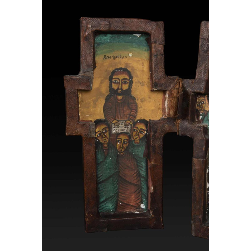 Croix diptyque en bois, icône éthiopienne, héritage spirituel, art sacré de l'Église copte, 19ème siècle