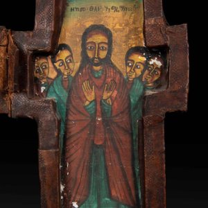 Houten tweeluik kruis, Ethiopisch icoon, spiritueel erfgoed, heilige kunst van de Koptische Kerk, 19e eeuw