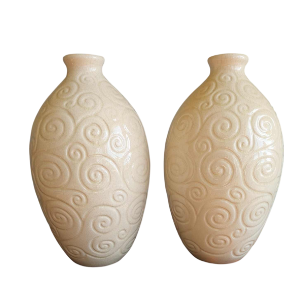 Saint-Clément, paar gebarsten keramische eivormige vazen, olive gravé model, ca 1920/30