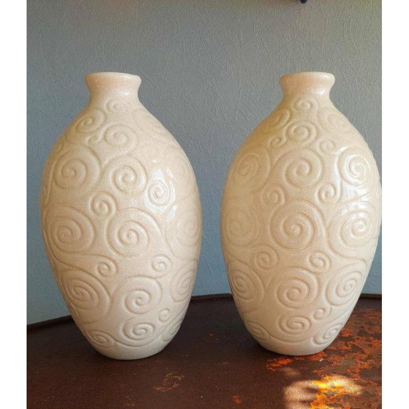 Saint-Clément, pair of cracked ceramic ovoid vases, olive gravé model, ca 1920/30