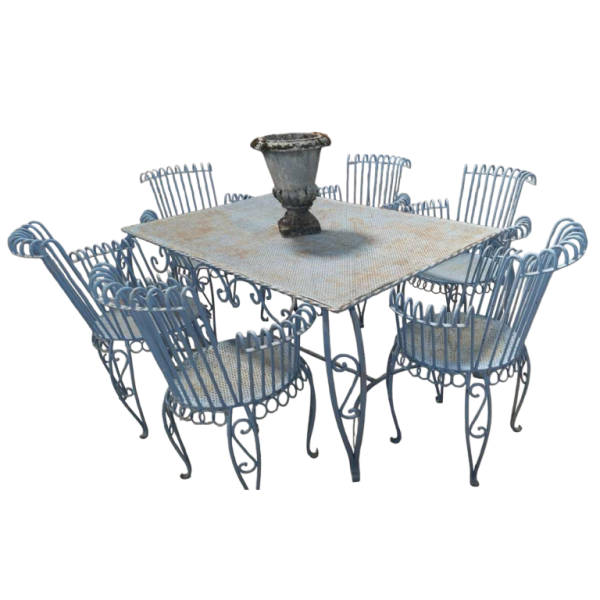 Blue wrought iron garden furniture in the Cap d'Ail style, 6 scrolled armchairs and 1 table, ca 1950