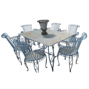 Blauw smeedijzeren tuinmeubilair in de Cap d'Ail stijl, 6 gekrulde fauteuils en 1 tafel, ca 1950