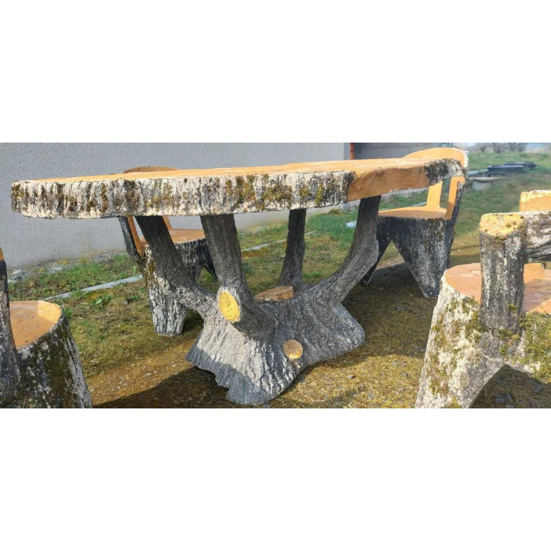 Garden furniture set Wood, tree, branches, trunk concrete table and 4 chairs, 20th c