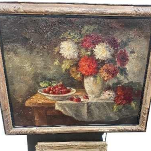 "Bloemstilleven schilderij olieverf op doek gesigneerd, 20e eeuw