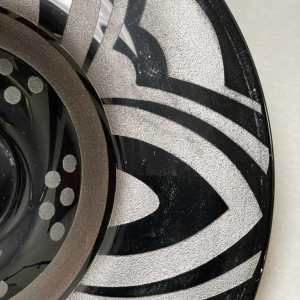 Art Deco black and grey glass dish with geometric decoration, Belgian work ca 1930