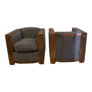 Pair of Art Deco Club armchairs, stained wood and grey fabric, ca 1930