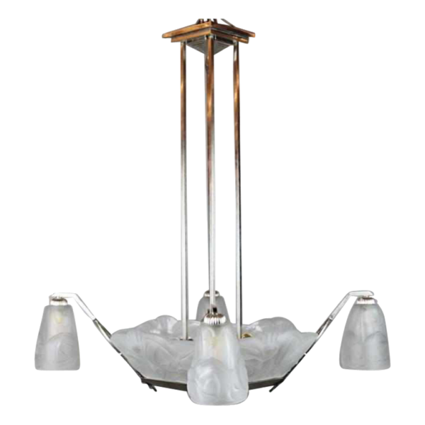 Art Deco hanglamp, gesigneerd Degue, circa 1930.