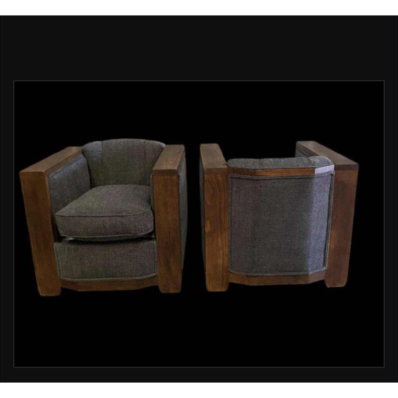 Paar Art Deco 'Club' fauteuils, gebeitst hout en grijze stof, ca 1930