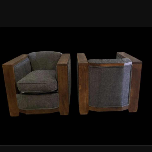 Pair of Art Deco Club armchairs, stained wood and grey fabric, ca 1930