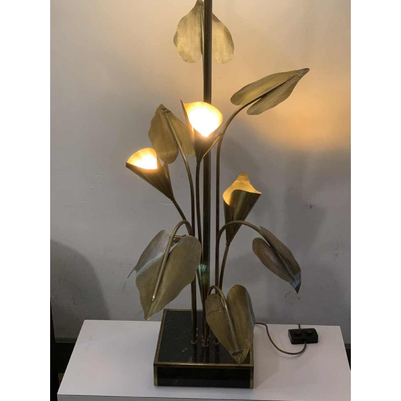 MAISON JANSEN, Palm Golden Brass Table lamp / Floor lamp, Arum Flowers 1970s