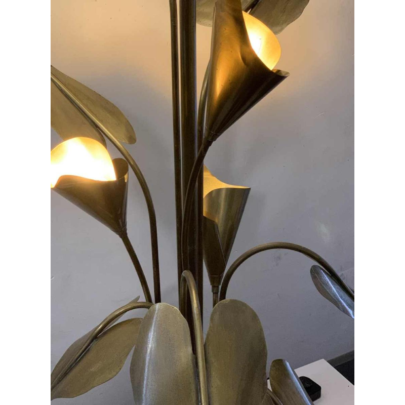 MAISON JANSEN, Palm Golden Brass Table lamp / Floor lamp, Arum Flowers 1970s
