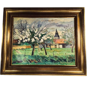 Franck Innocent 'Printemps à Heudebouville' tableau post-impressionniste huile sur toile, 1978