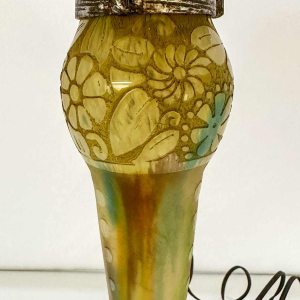 Muller Frères, rare Art Nouveau table lamp, stylised floral motifs, acid-etched glass, engraved steel frame, ca 1918