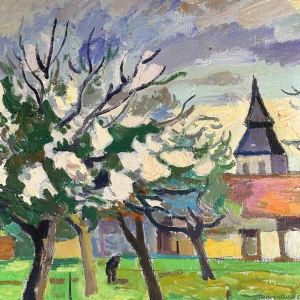 Franck Innocent 'Printemps à Heudebouville' tableau post-impressionniste huile sur toile, 1978