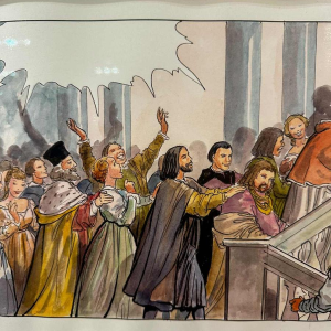 Manara "Borgia" original plate - Milo Manara Borgia original colour comic strip panel, 21th c