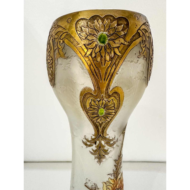 Legras, set van 3 Art Nouveau vazen, decoratie van distelbloemen, zuurgeëtst glas, ca 1890
