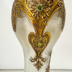 Legras, ensemble de 3 vases Art Nouveau, décor de fleurs de chardons, verre émaillé dégagé à l'acide, ca 1890