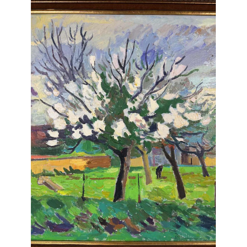 Franck Innocent Spring in Heudebouville post-impressionist painting oil on canvas, 1978