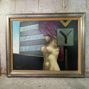 MACKOWIAK ERWIN "Nu au panneau de signalisation" Belgian Pop'Art painting, oil on canvas, ca 1975