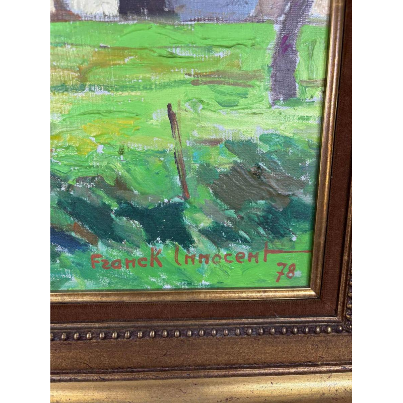 Franck Innocent 'Printemps à Heudebouville' tableau post-impressionniste huile sur toile, 1978