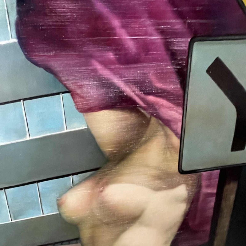 MACKOWIAK ERWIN "Nu au panneau de signalisation" Belgisch Pop'Art schilderij, olieverf op doek, ca 1975