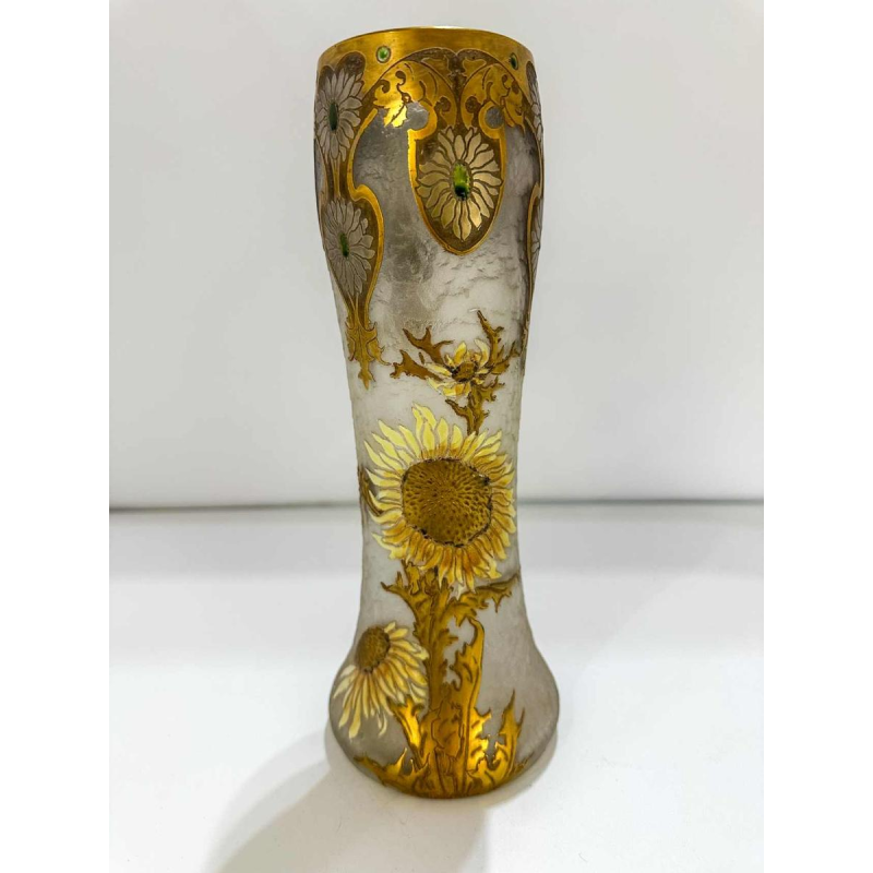 Legras, set van 3 Art Nouveau vazen, decoratie van distelbloemen, zuurgeëtst glas, ca 1890
