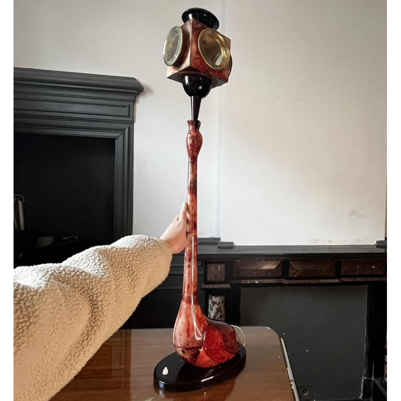 ALDO TURA, Oiseau table / floor lamp, lacquered red goatskin parchment, Italy ca 1950