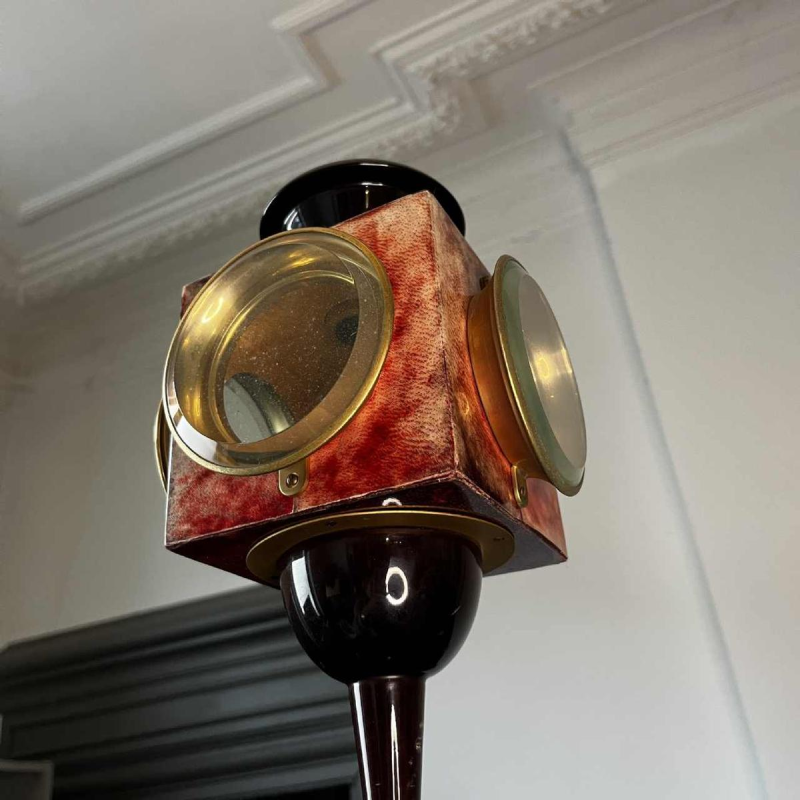 ALDO TURA, Oiseau table / floor lamp, lacquered red goatskin parchment, Italy ca 1950