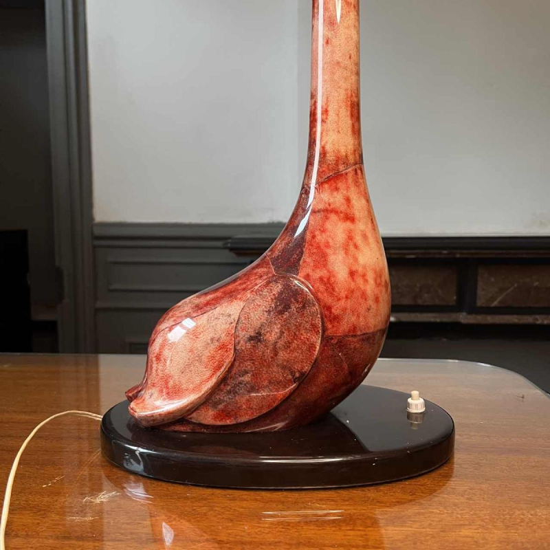 ALDO TURA, 'Oiseau' tafel / staande lamp, gelakt rood geitenleer perkament, Italië ca 1950