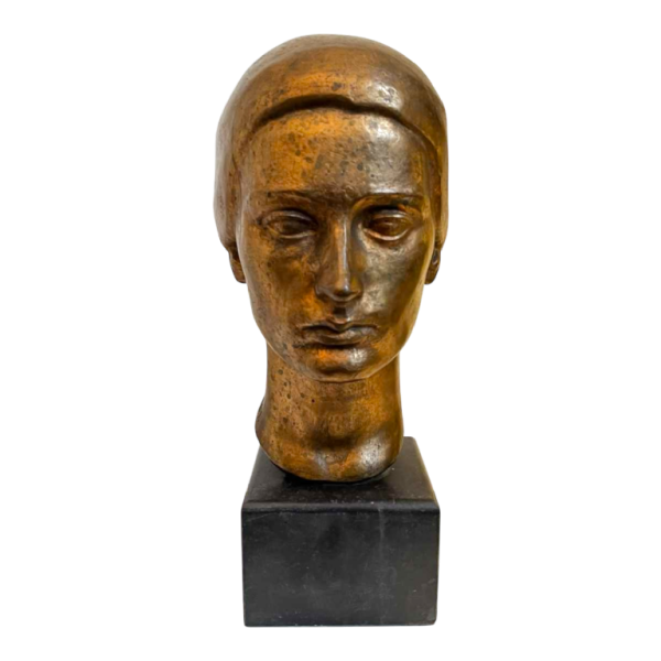 ROBERT DELNEST  Woman's face  sculpture portrait / bust in bronze 1961