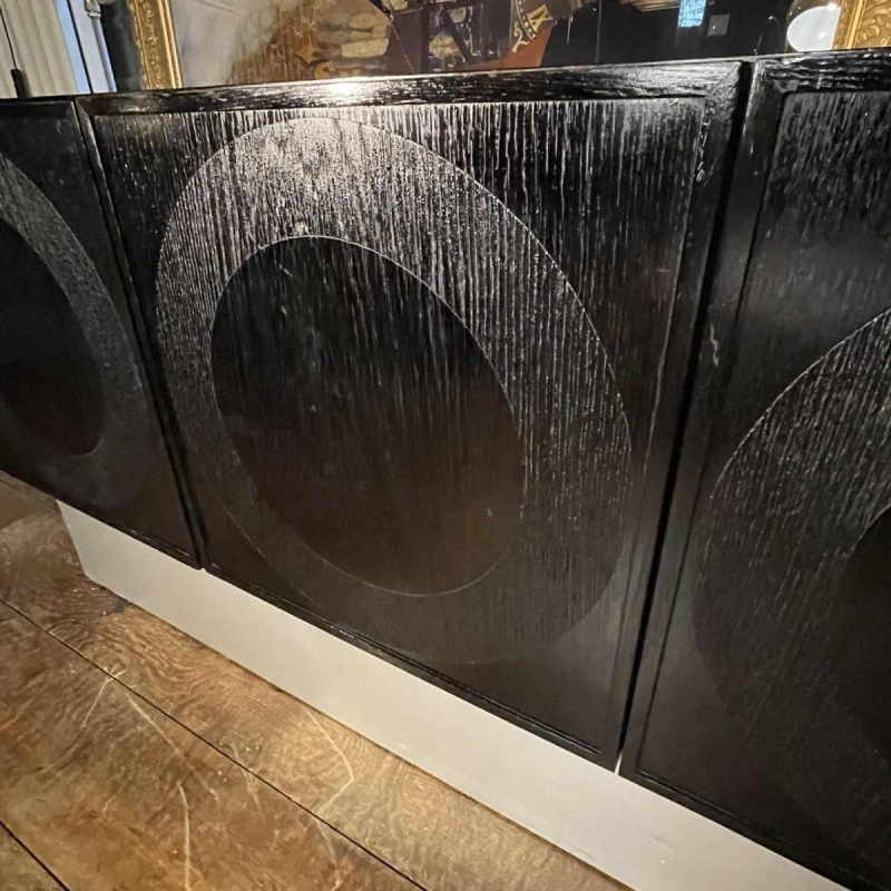 De Coene Frères, Brutalist Op'Art Vintage sideboard, black oak aluminium 1970