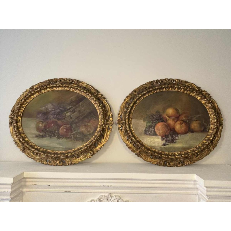 Piero Galanti 'Nature morte - fruits et fleurs' paire d'huiles sur toile ovales, 20ème siècle