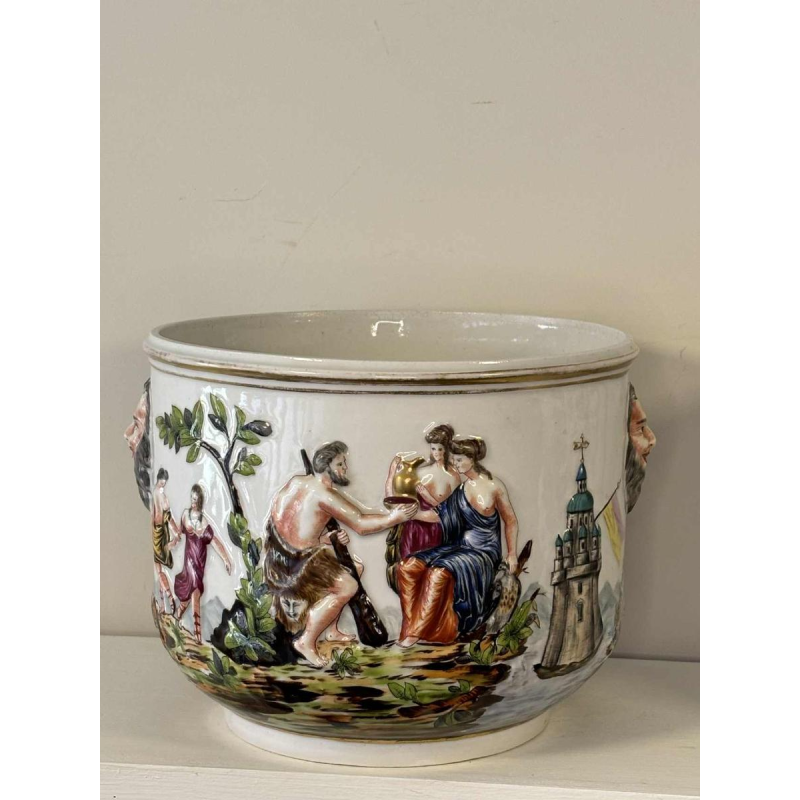 Capodimonte, pair of planters, polychrome enamelled porcelain, antique scenes decoration in bas-relief, 19th c