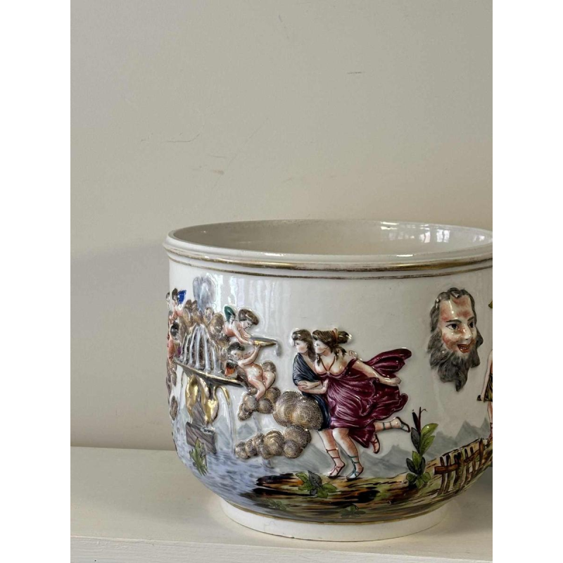Capodimonte, pair of planters, polychrome enamelled porcelain, antique scenes decoration in bas-relief, 19th c