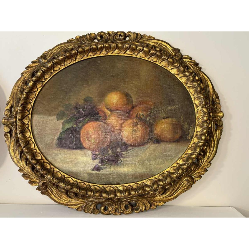 Piero Galanti 'Still life - fruit and flowers' pair of oval oils on canvas, 20th century
