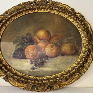Piero Galanti 'Still life - fruit and flowers' pair of oval oils on canvas, 20th century