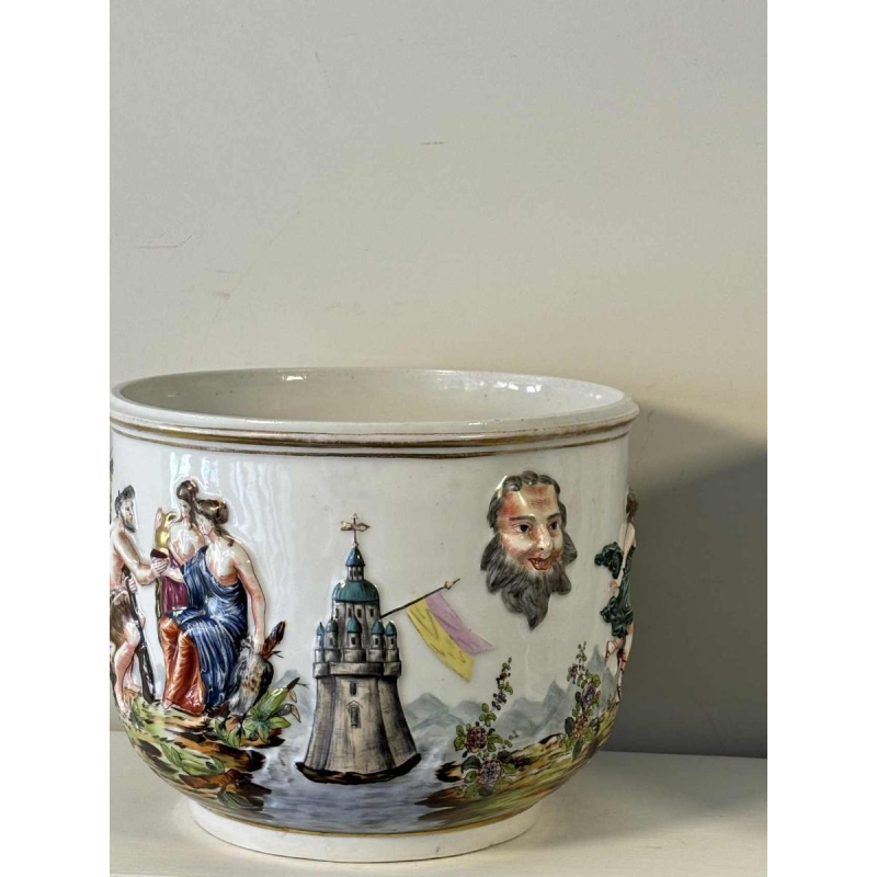 Capodimonte, pair of planters, polychrome enamelled porcelain, antique scenes decoration in bas-relief, 19th c