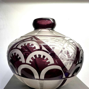 Delatte, rare Art Deco acid-etched vase, mauve lined 1925