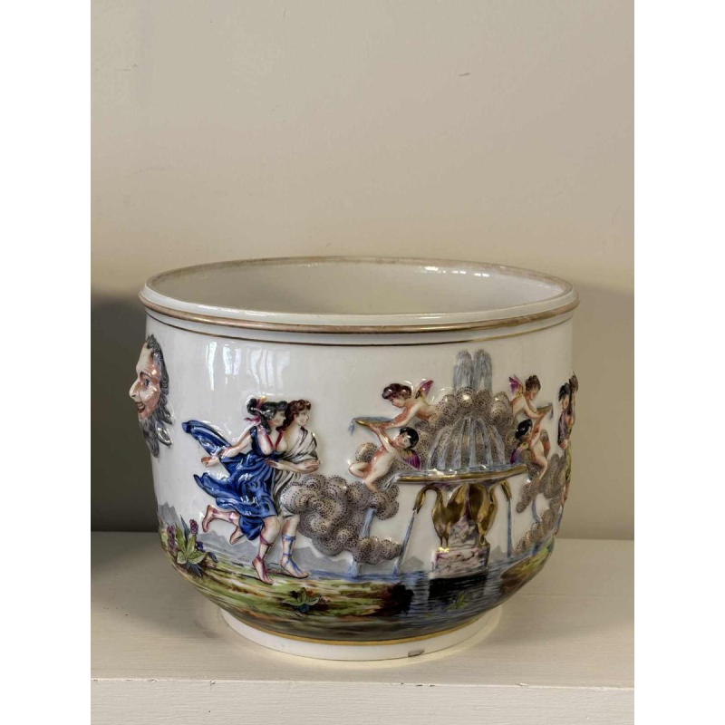 Capodimonte, pair of planters, polychrome enamelled porcelain, antique scenes decoration in bas-relief, 19th c