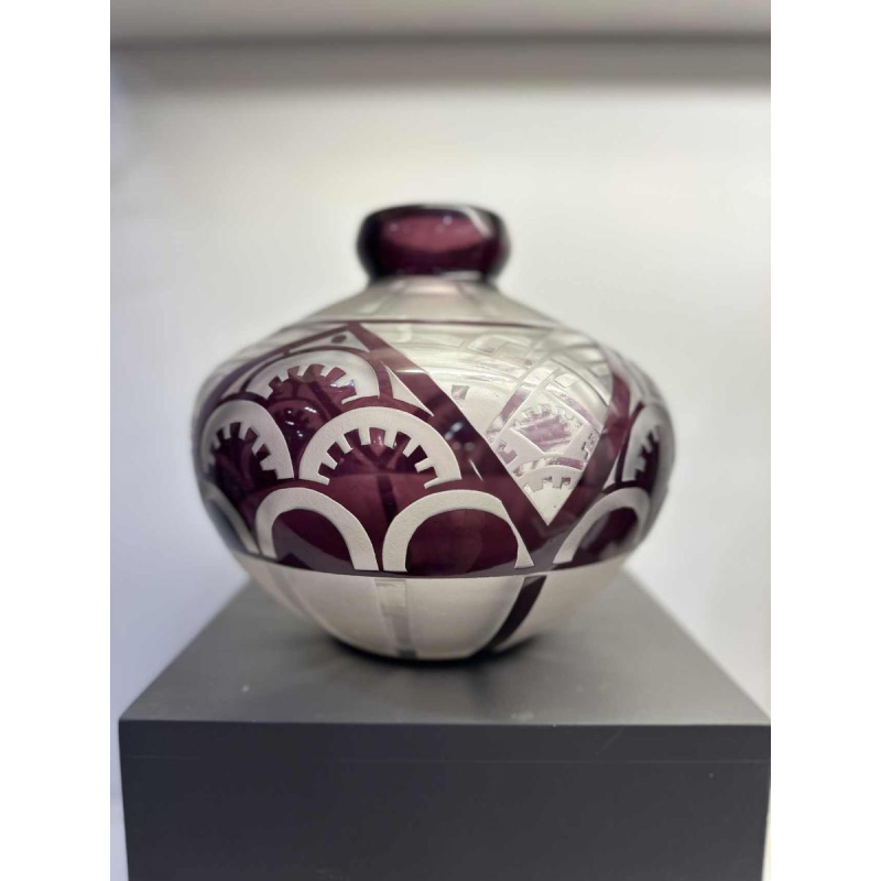 Delatte, rare Art Deco acid-etched vase, mauve lined 1925