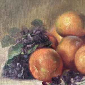 Piero Galanti 'Stilleven - fruit en bloemen' paar ovale olieverf op doek, 20e eeuw