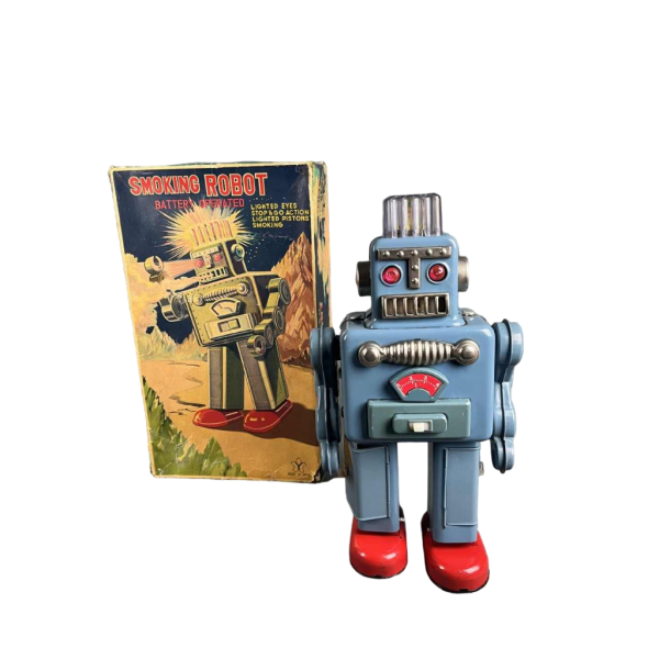 Smoking Spaceman Robot en métal bleu dans sa boite d'origine, Yonezawa Japon ca 1960