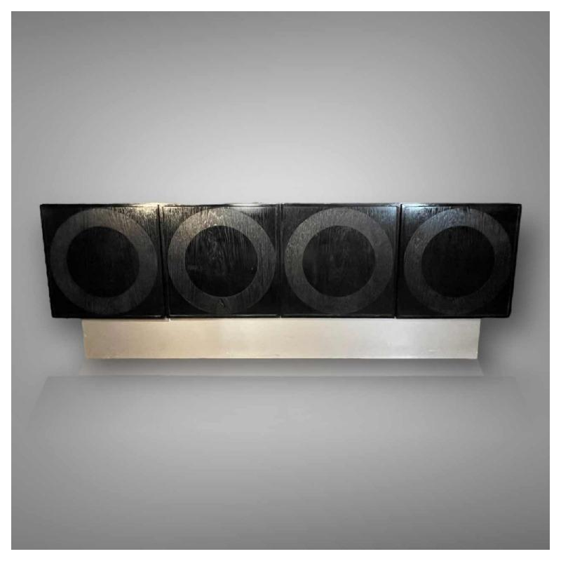 De Coene Frères, Brutalist Op'Art Vintage sideboard, black oak aluminium 1970