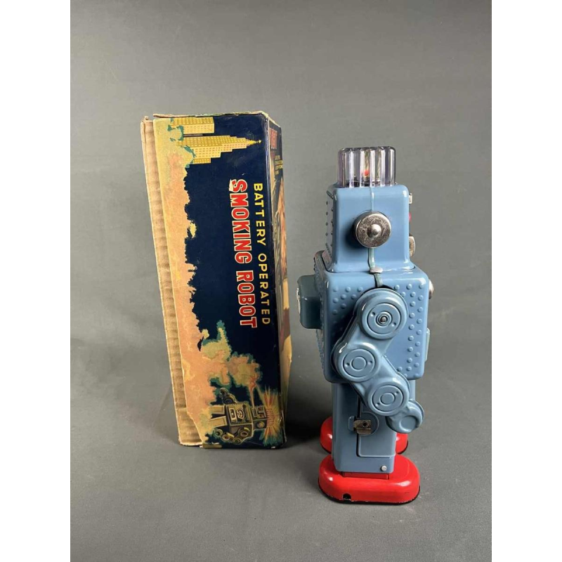 Smoking Spaceman Robot in blue metal in original box, Yonezawa Japan, ca 1960