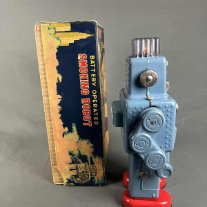 Smoking Spaceman Robot in blue metal in original box, Yonezawa Japan, ca 1960