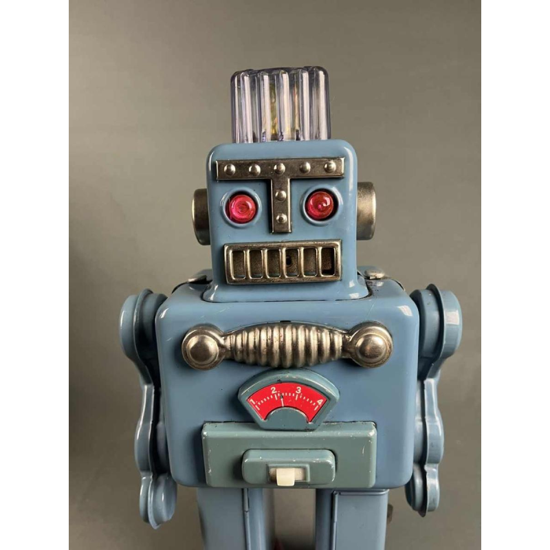 Smoking Spaceman Robot in blue metal in original box, Yonezawa Japan, ca 1960