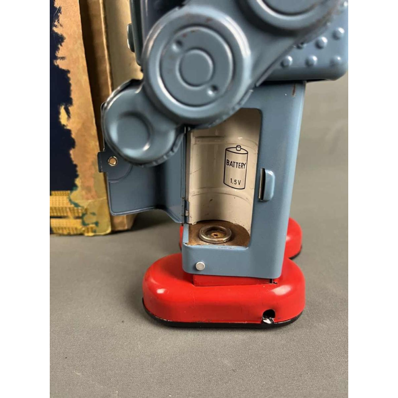 Rokende Ruimteman Robot van blauw metaal in originele doos, Yonezawa Japan, ca 1960