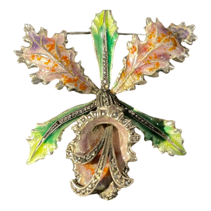 Broche ' Fleur Orchidée ou Iris ' en argent massif émaillé, milieu 20ème siècle